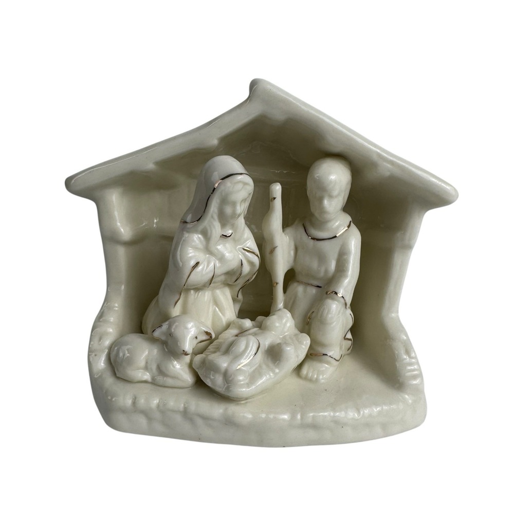 Nativity Scene Holiday White Gold Luxe Christmas Ceramic Jesus Mary Joseph E72Q